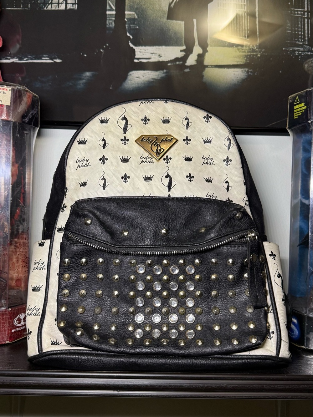 Y2K 2000s Baby Phat Black & White Studded Backpack All Over Print Backpack